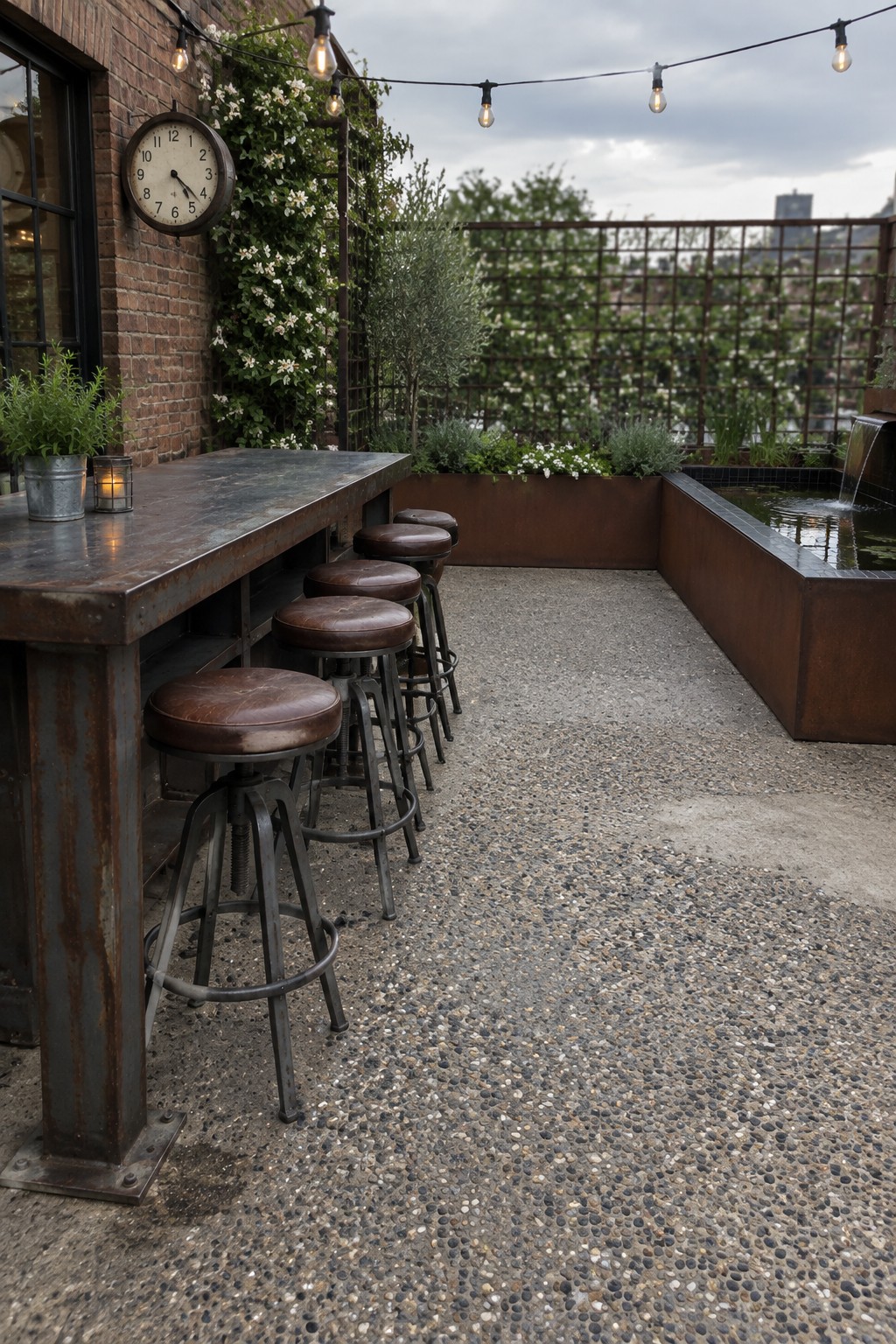 Outdoor patio bar with metal stools on a pebble-covered concrete surface next to a water feature and string lights.