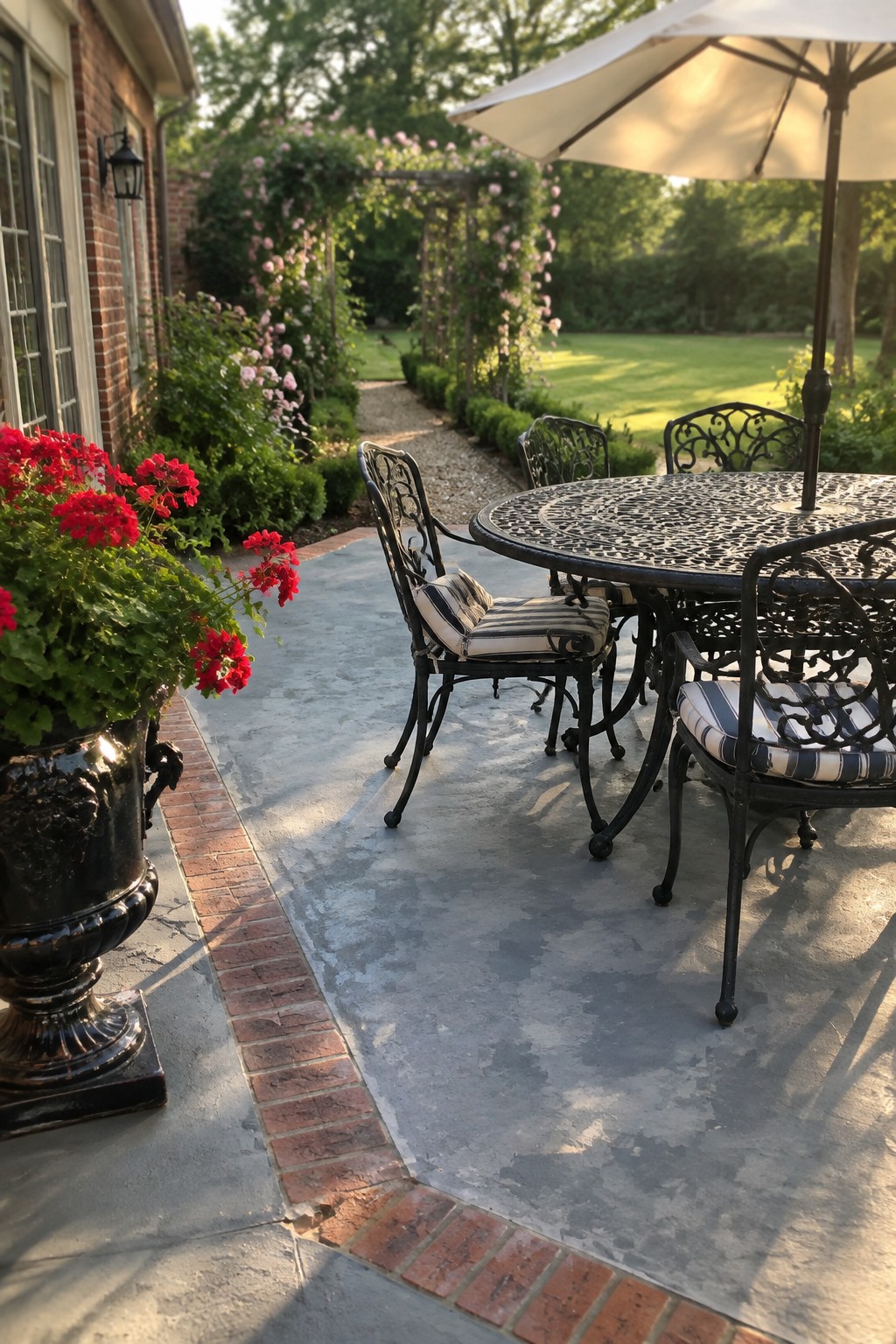 A gray concrete patio bordered by red bricks holds a black metal table and chairs with striped cushions, next to a large black urn filled with red flowers.