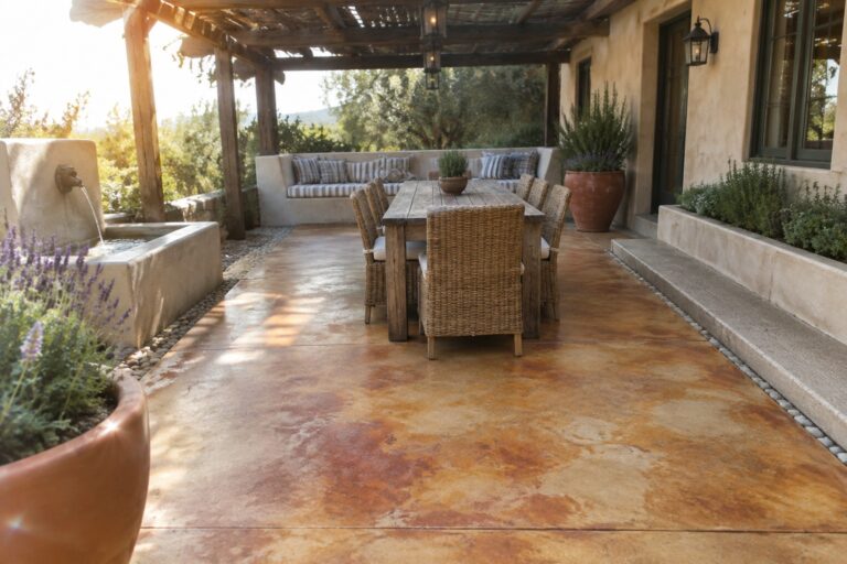 25 Practical Patio Projects for Refinishing Worn Concrete Surfaces Rustic wooden dining table with wicker chairs on sunlit patio near fountain and lavender plants