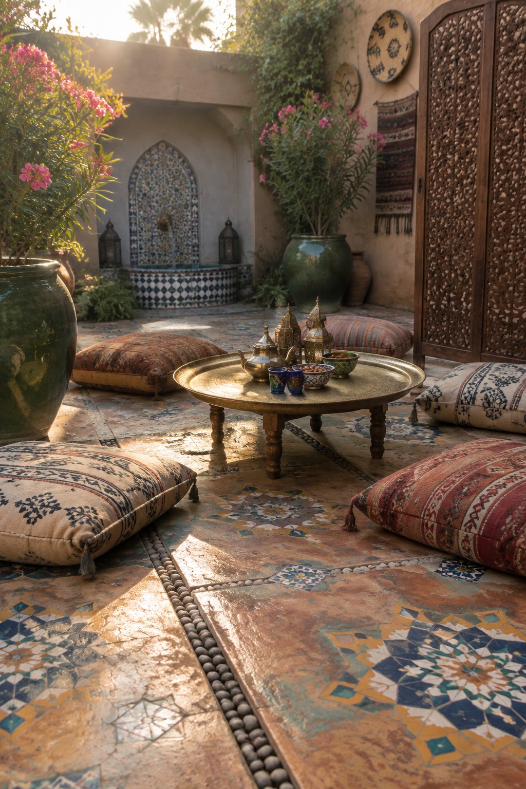 A courtyard patio with ornate patterned tiles, a low round brass table holding a tea set, and multiple floor cushions arranged around it, with potted plants and a tiled fountain in the background.
