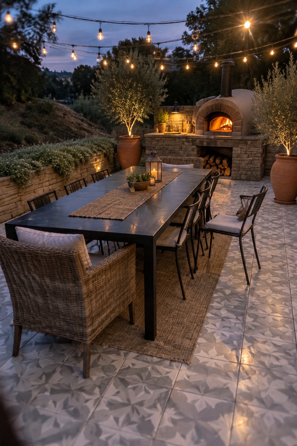 An outdoor patio featuring a long dark dining table on a woven rug, surrounded by woven and metal chairs, with a stone pizza oven in the background and geometric patterned tiles covering the floor under string lights.