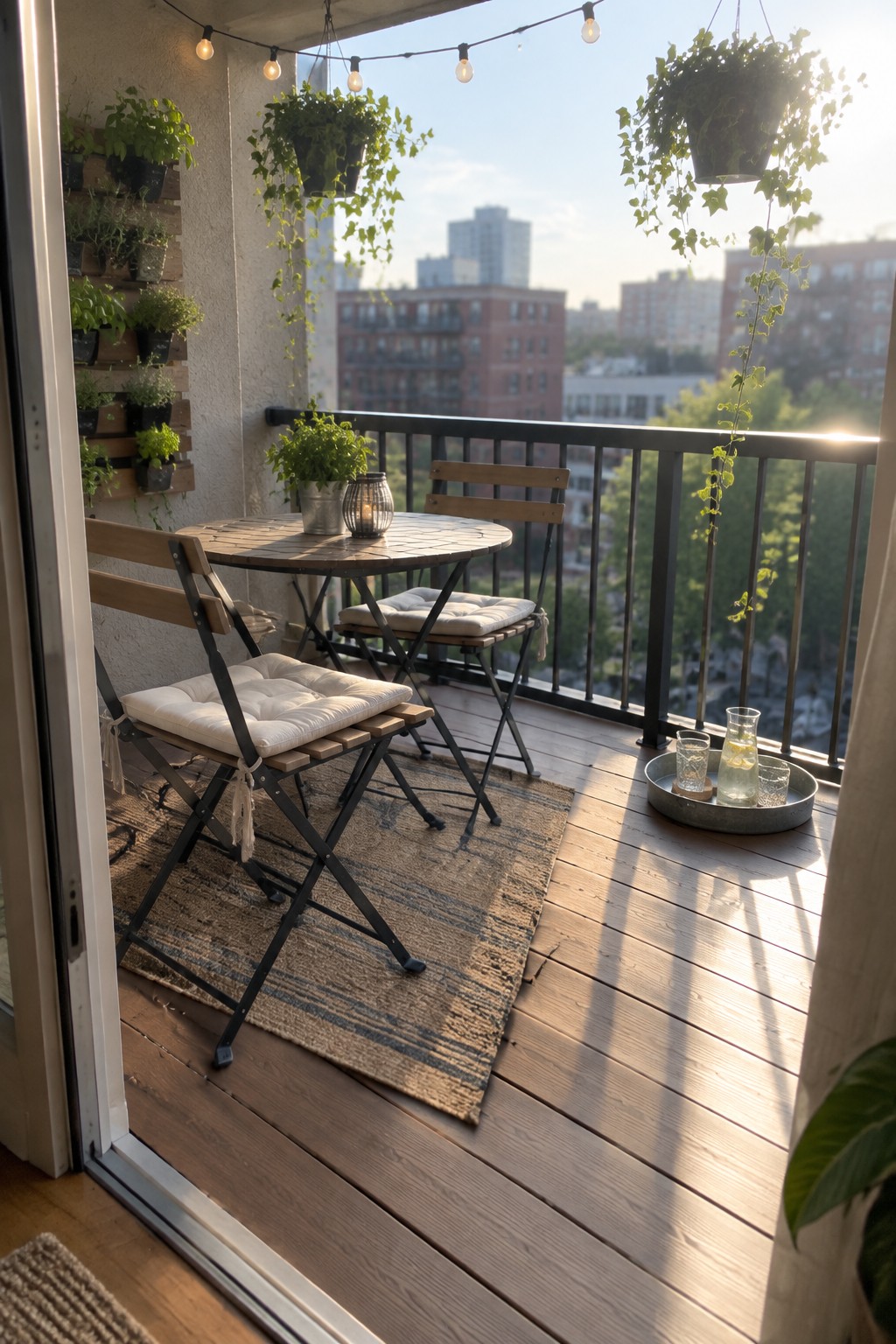 A wooden deck balcony with a round table, two folding chairs with cushions, a striped rug, hanging plants, string lights, and a tray of glasses overlooking city buildings.