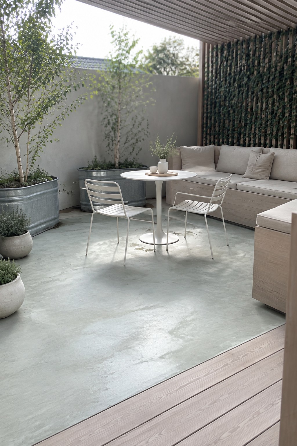 An outdoor patio with smooth light gray concrete flooring, two white metal chairs and a round white table, a light beige sofa along a wooden slatted wall, and several potted plants.