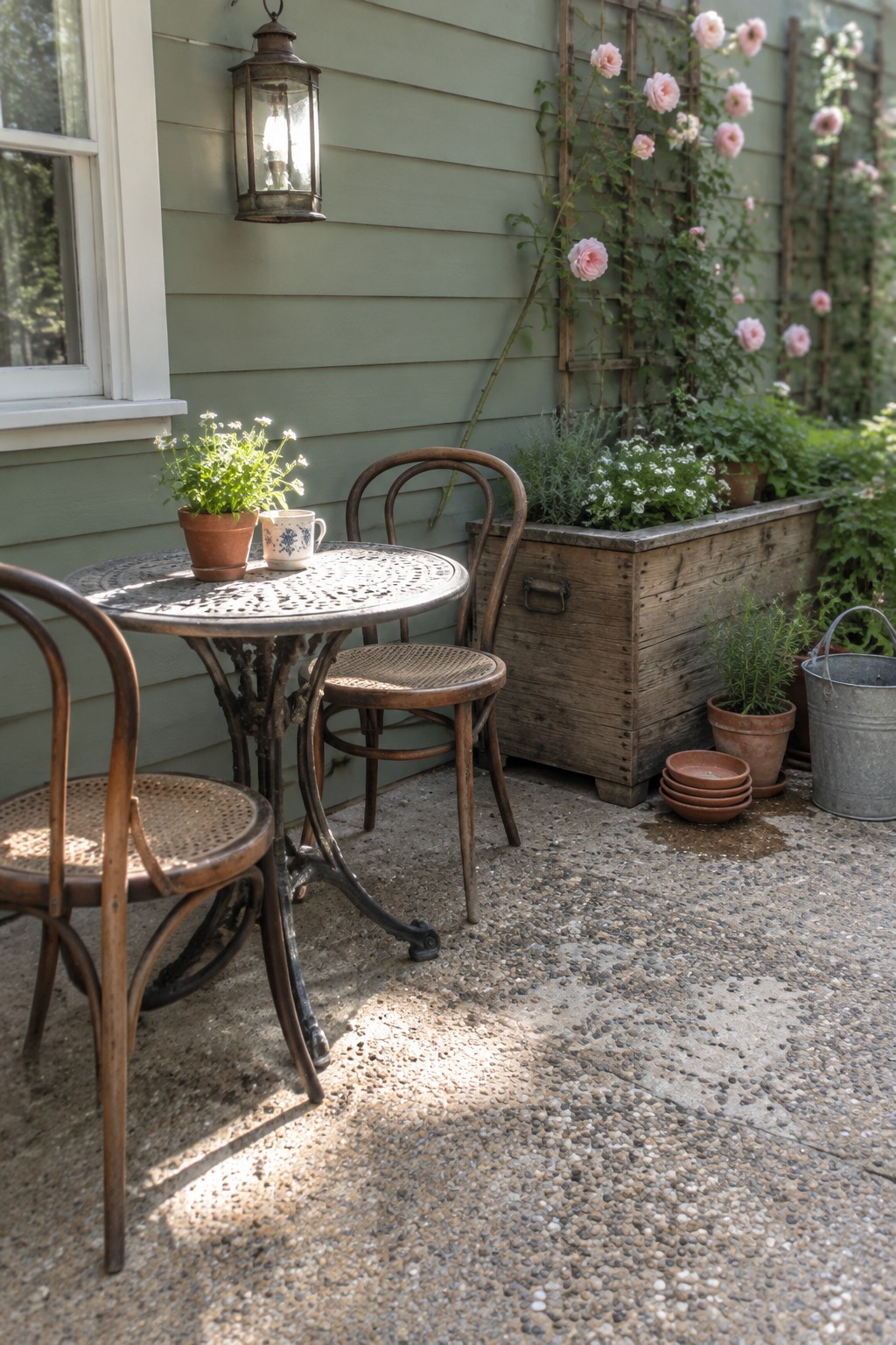 A round metal table with two wooden chairs sits on a textured concrete patio beside a house wall with climbing roses and potted plants.