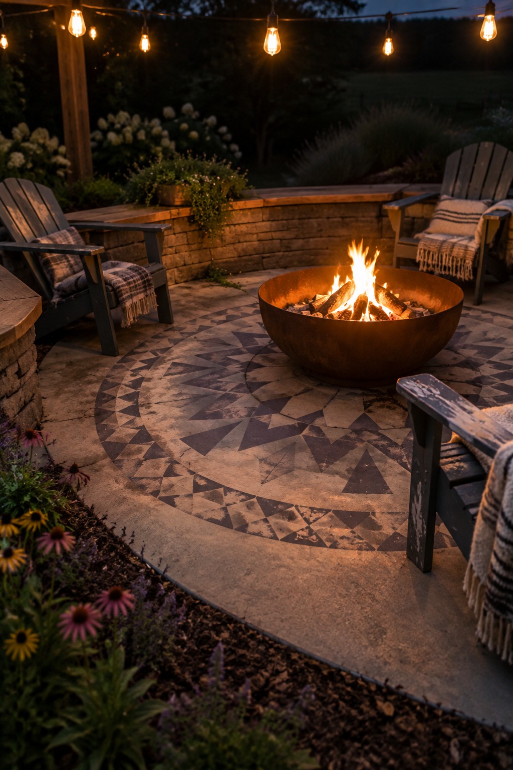 Rustic fire pit burning amid Adirondack chairs on patterned patio under string lights