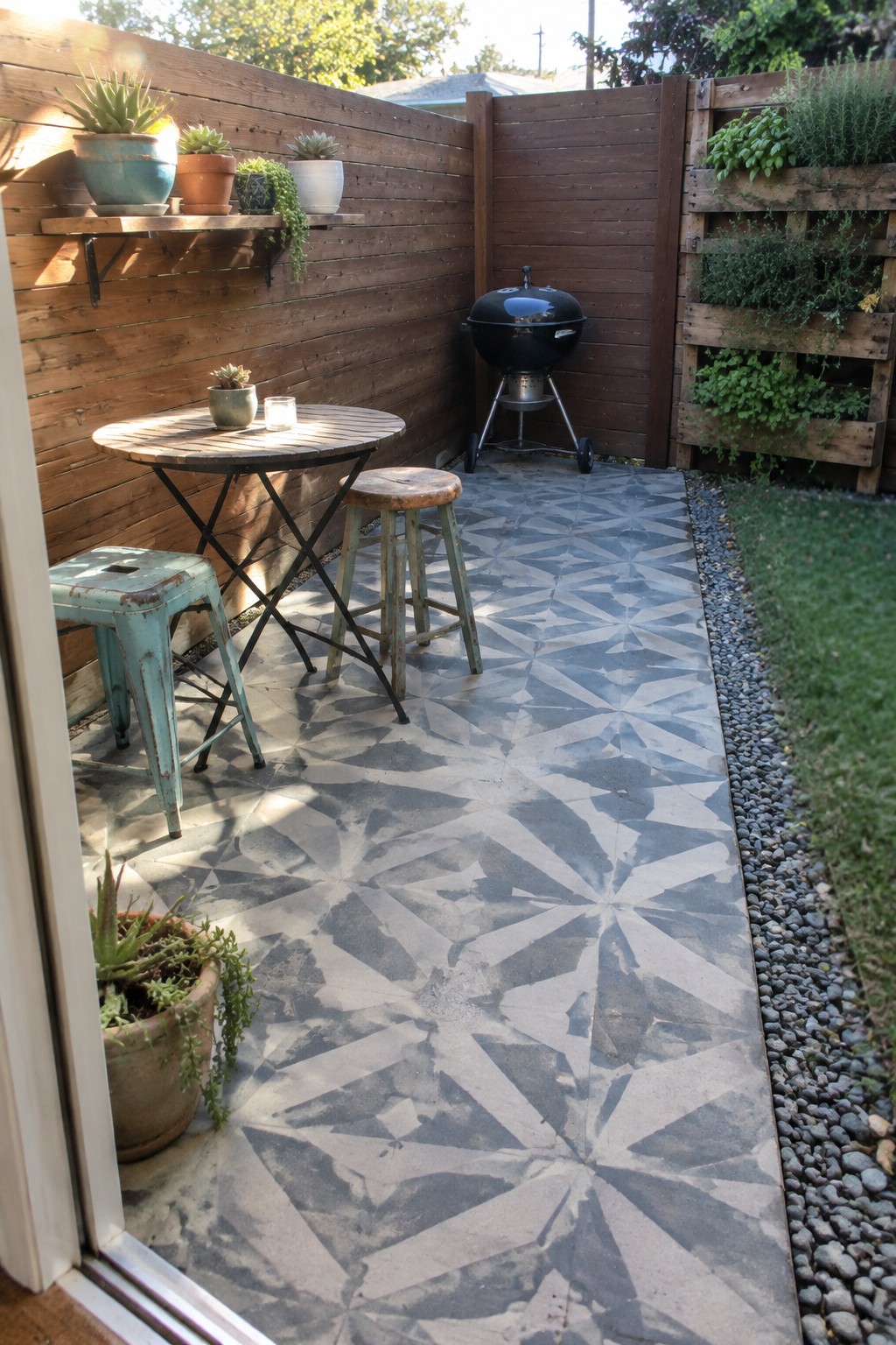 A backyard patio with a gray concrete floor stenciled in a repeating starburst pattern, furnished with a round table, stools, a black grill, and potted plants against a wooden fence.