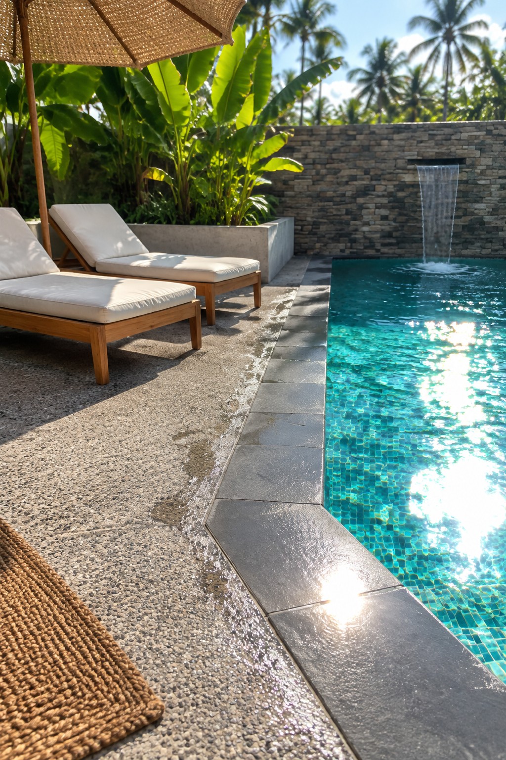 White lounge chairs by turquoise pool with waterfall, tropical plants and palms in sunlight.