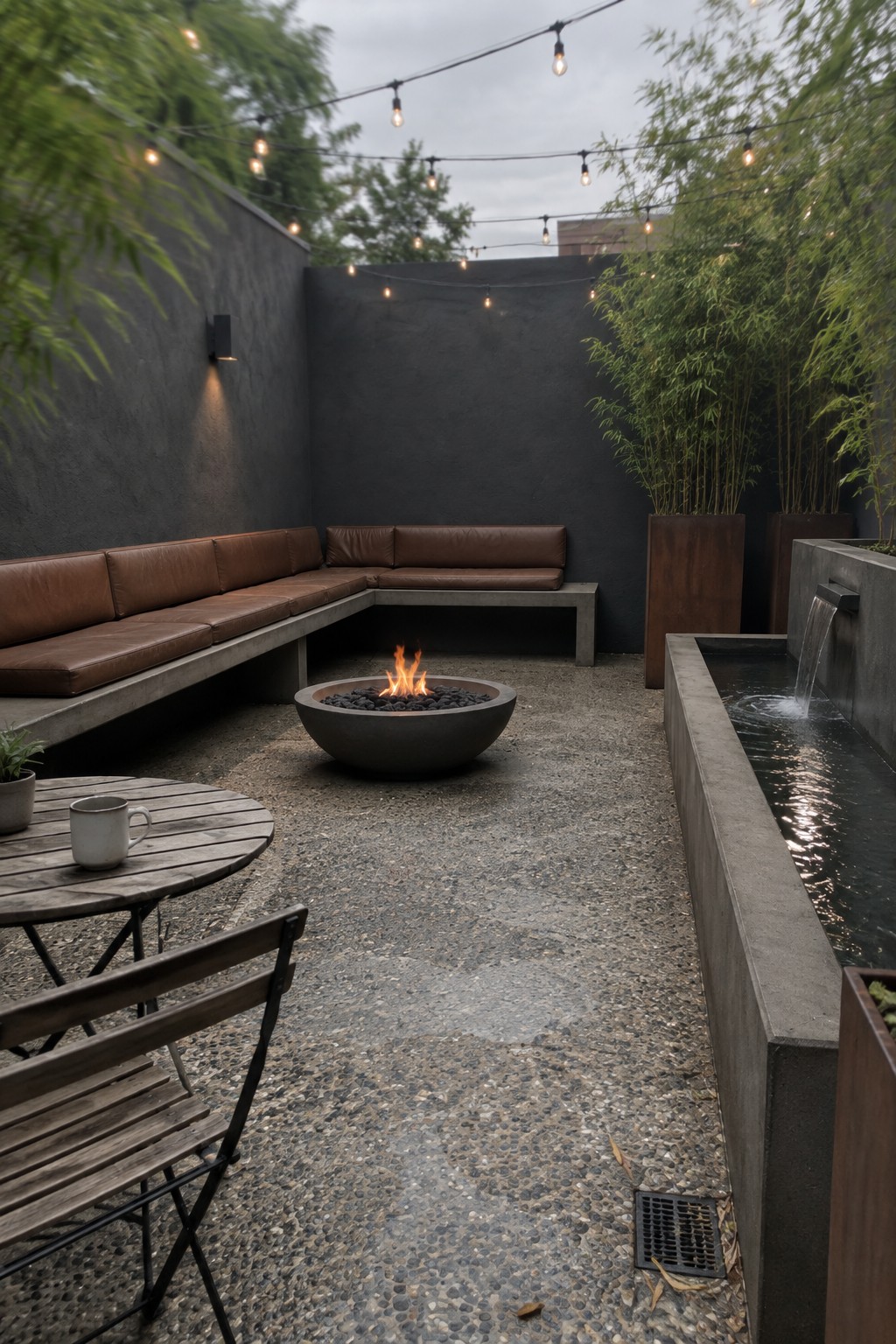 An outdoor patio with L-shaped brown leather seating, a round concrete fire pit, a long water feature on the right, and pebbled concrete flooring under string lights.