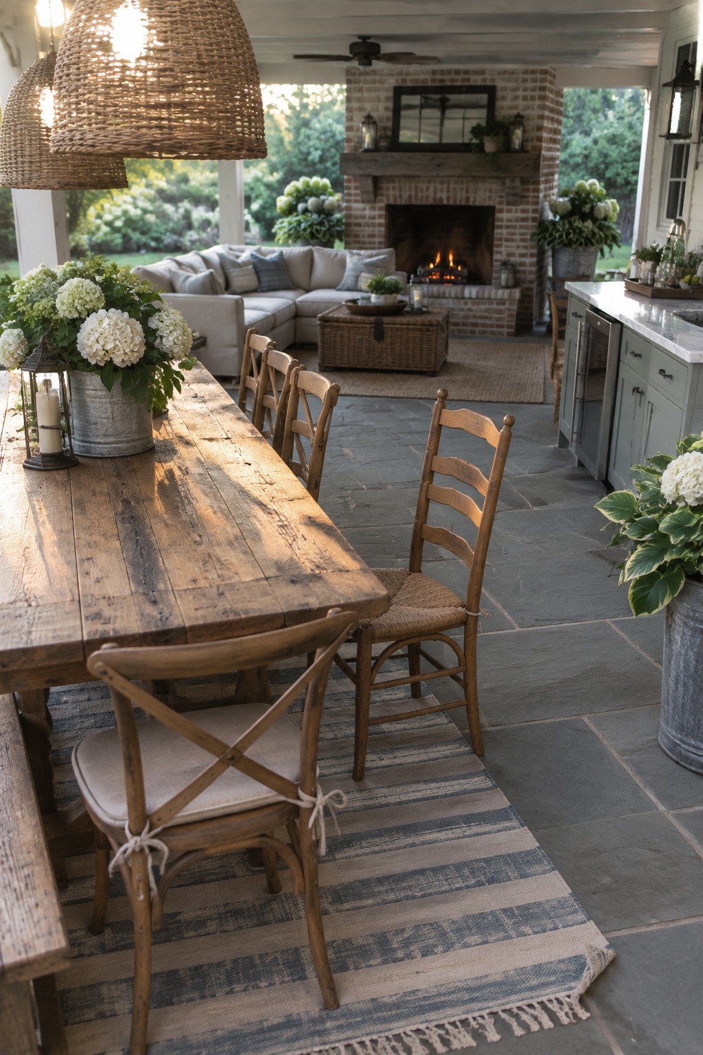 A covered stone patio with a long rustic wooden dining table, mixed wooden chairs, a striped rug, and a brick fireplace visible in the background.