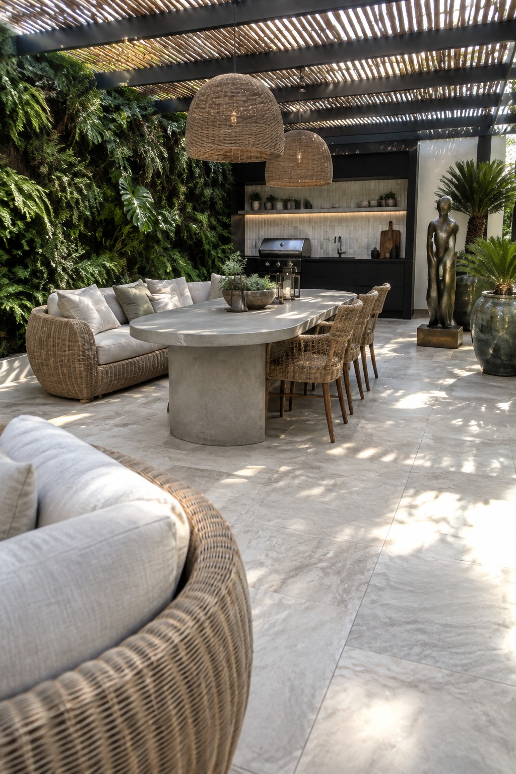 An outdoor patio with a large oval concrete dining table, woven chairs, a wicker sofa, hanging woven pendant lights, and an outdoor kitchen area in the background.