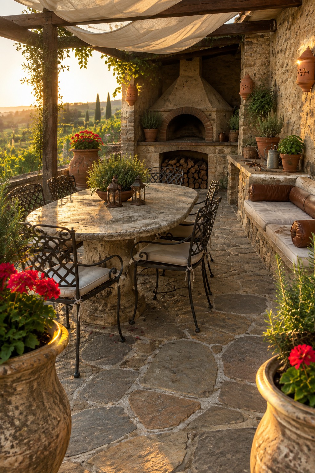 Rustic Tuscan patio with round stone table, fireplace, and red geraniums at sunset