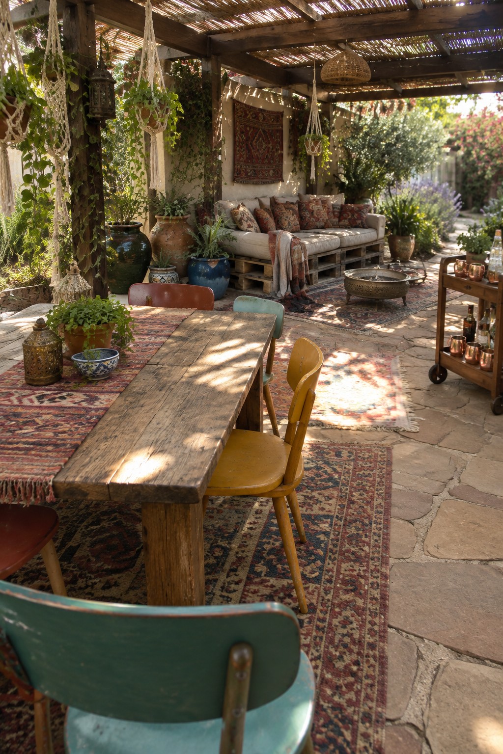 A covered stone patio features a long wooden dining table on a red patterned rug, surrounded by mismatched wooden chairs, with a lounge sofa, fire pit, and additional rugs visible in the background.