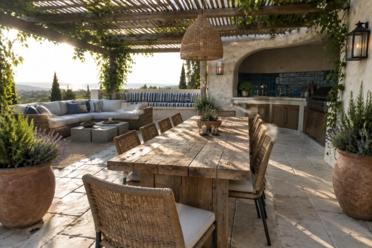 A long wooden dining table with woven chairs on a stone patio under a pergola, with an outdoor kitchen area and lounge seating visible in the background.