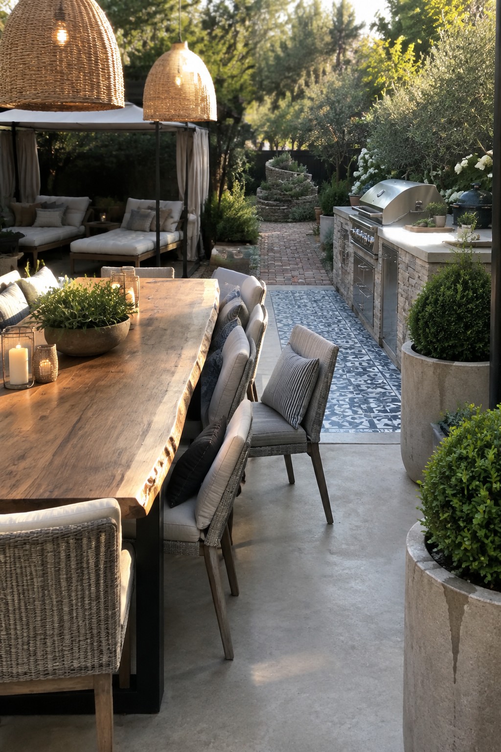 Long wooden dining table with gray chairs beside stone outdoor kitchen and woven lights
