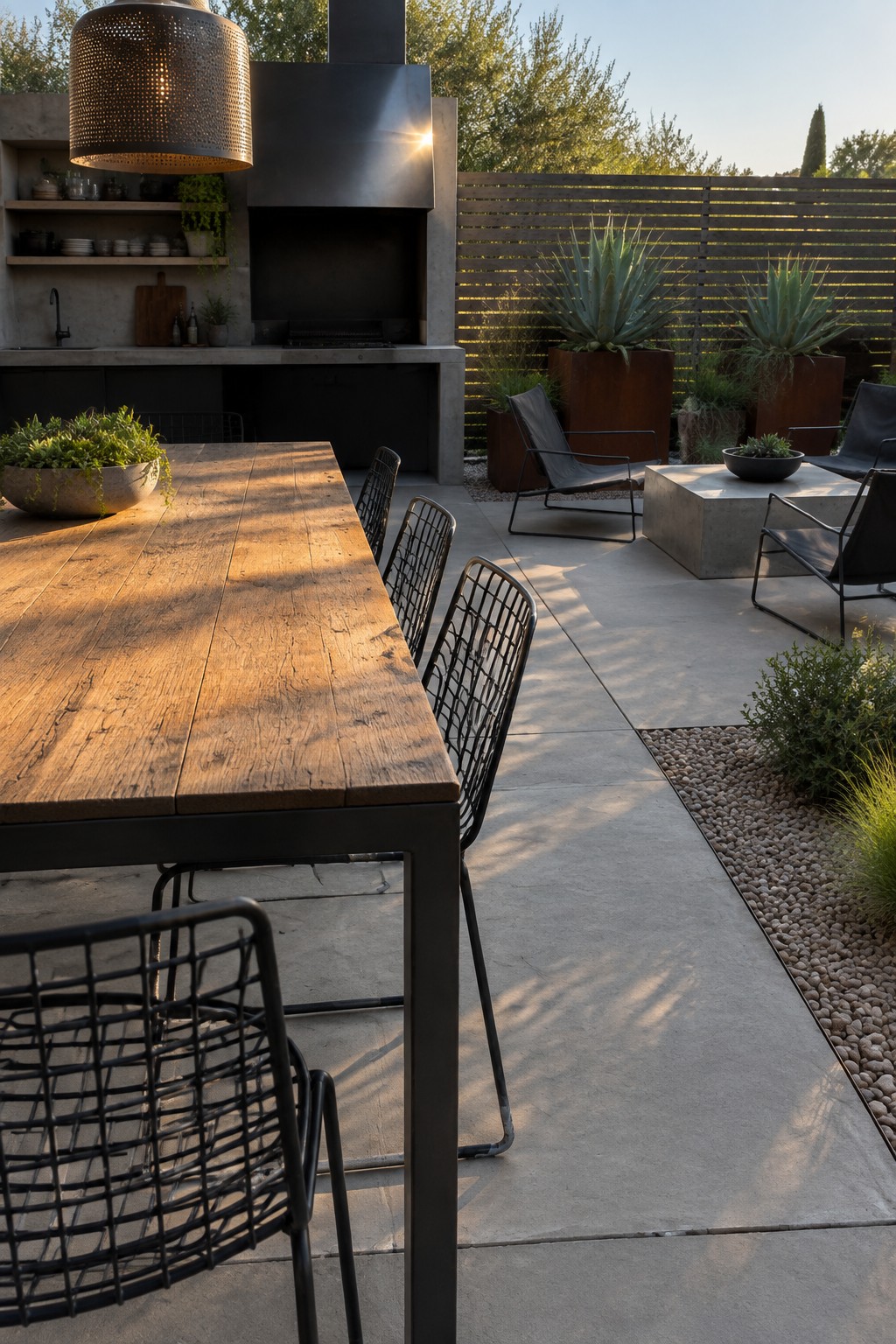 A long wooden dining table with black wire chairs sits on a concrete patio next to an outdoor kitchen with a metal range hood, with lounge chairs and large potted plants in the background.