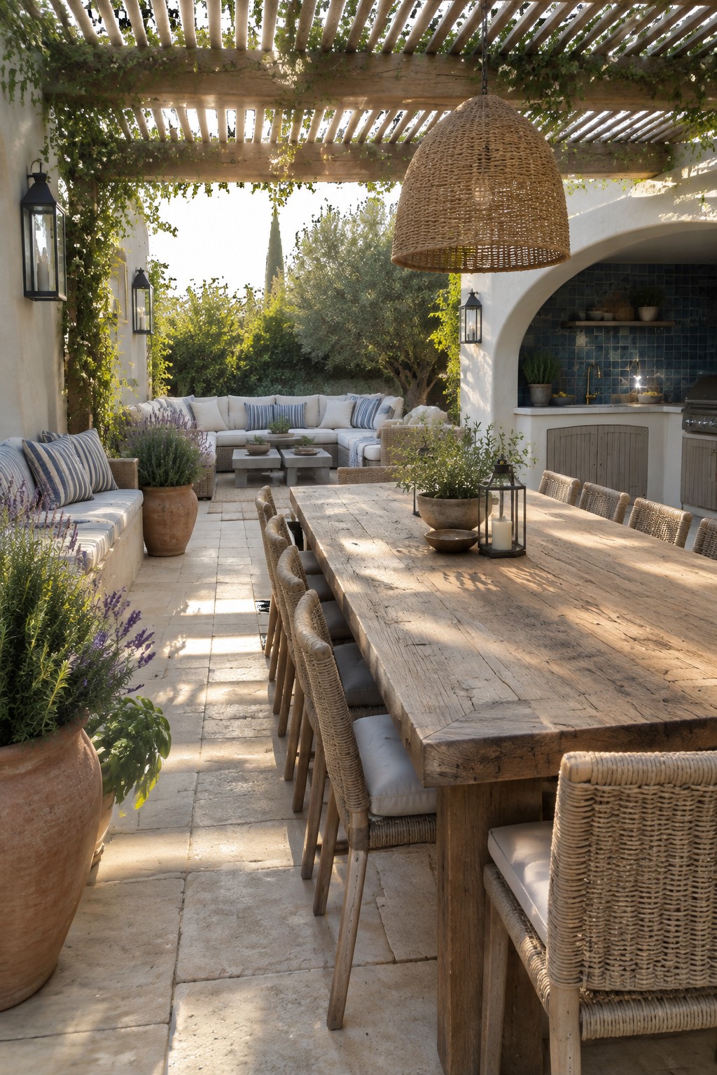 A long wooden dining table with woven chairs on a stone patio under a pergola, with an outdoor kitchen area and lounge seating visible in the background.