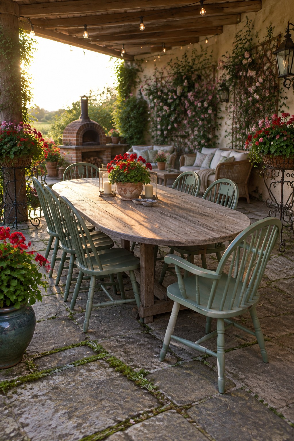 Rustic wooden table with green chairs on flower-filled stone patio under string lights