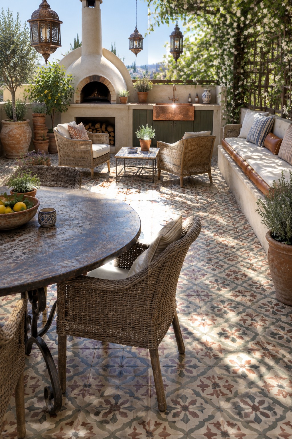 Rustic patio with wicker chairs, pizza oven, patterned tiles, and potted plants