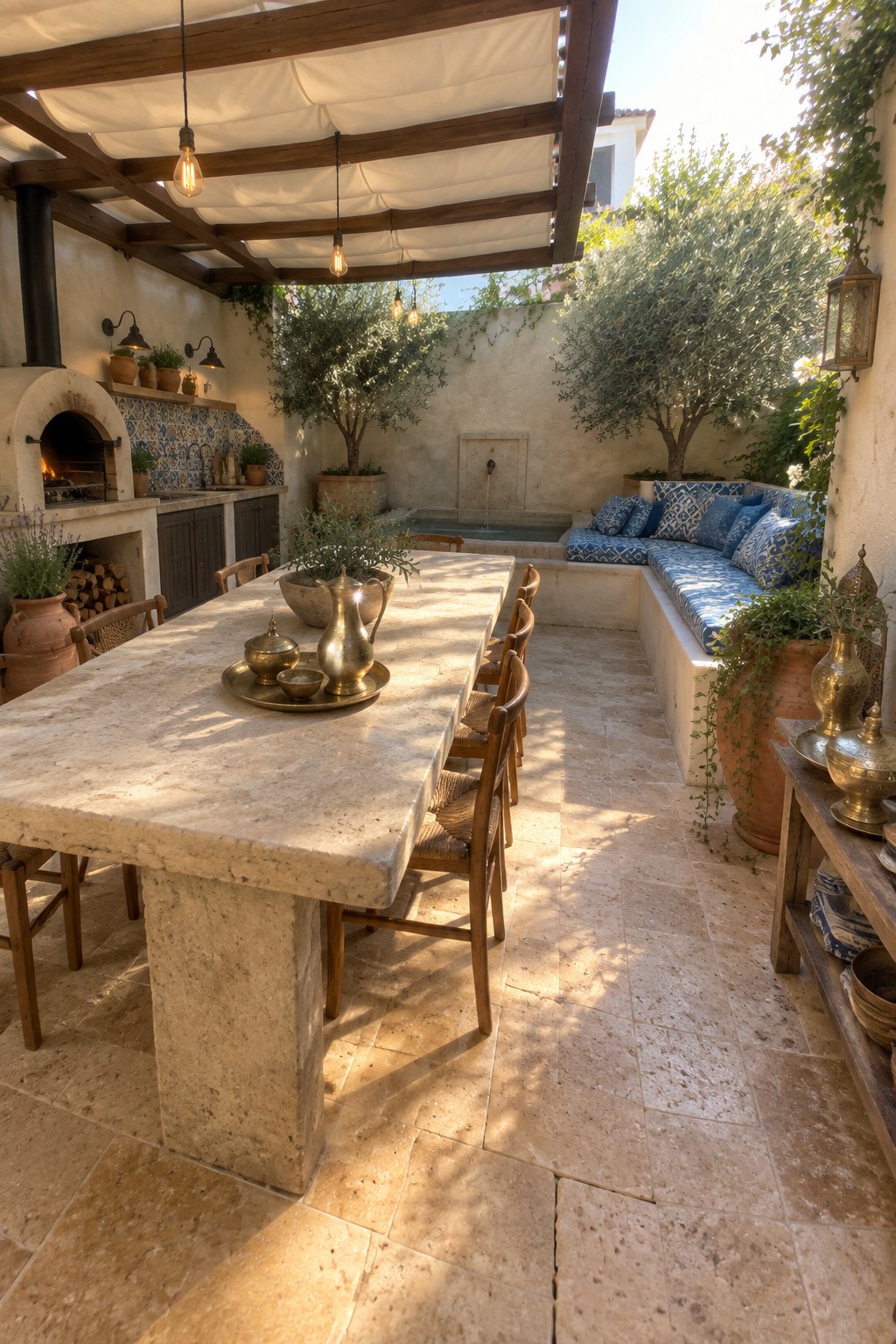 A large outdoor patio featuring a long stone dining table with wooden chairs, a built-in blue cushioned bench along one wall, an outdoor kitchen with oven, and potted trees under a shaded pergola.