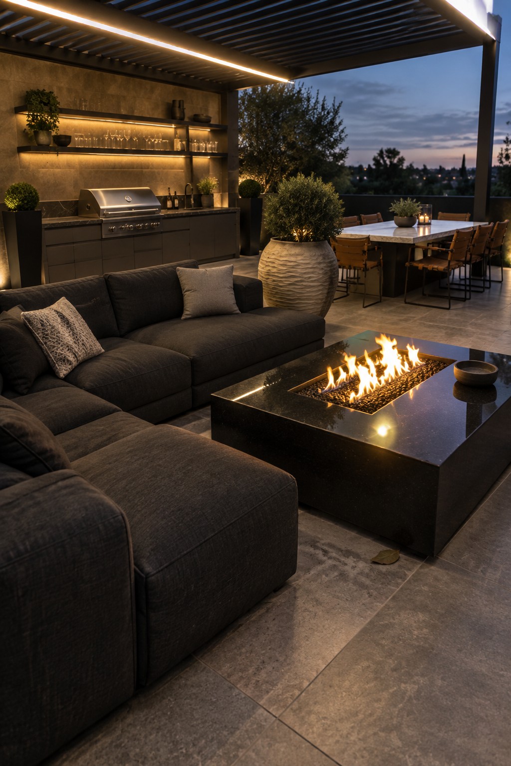 A large dark sectional sofa surrounds a rectangular fire pit table on a tiled patio, with an outdoor kitchen and dining table visible in the background at dusk.