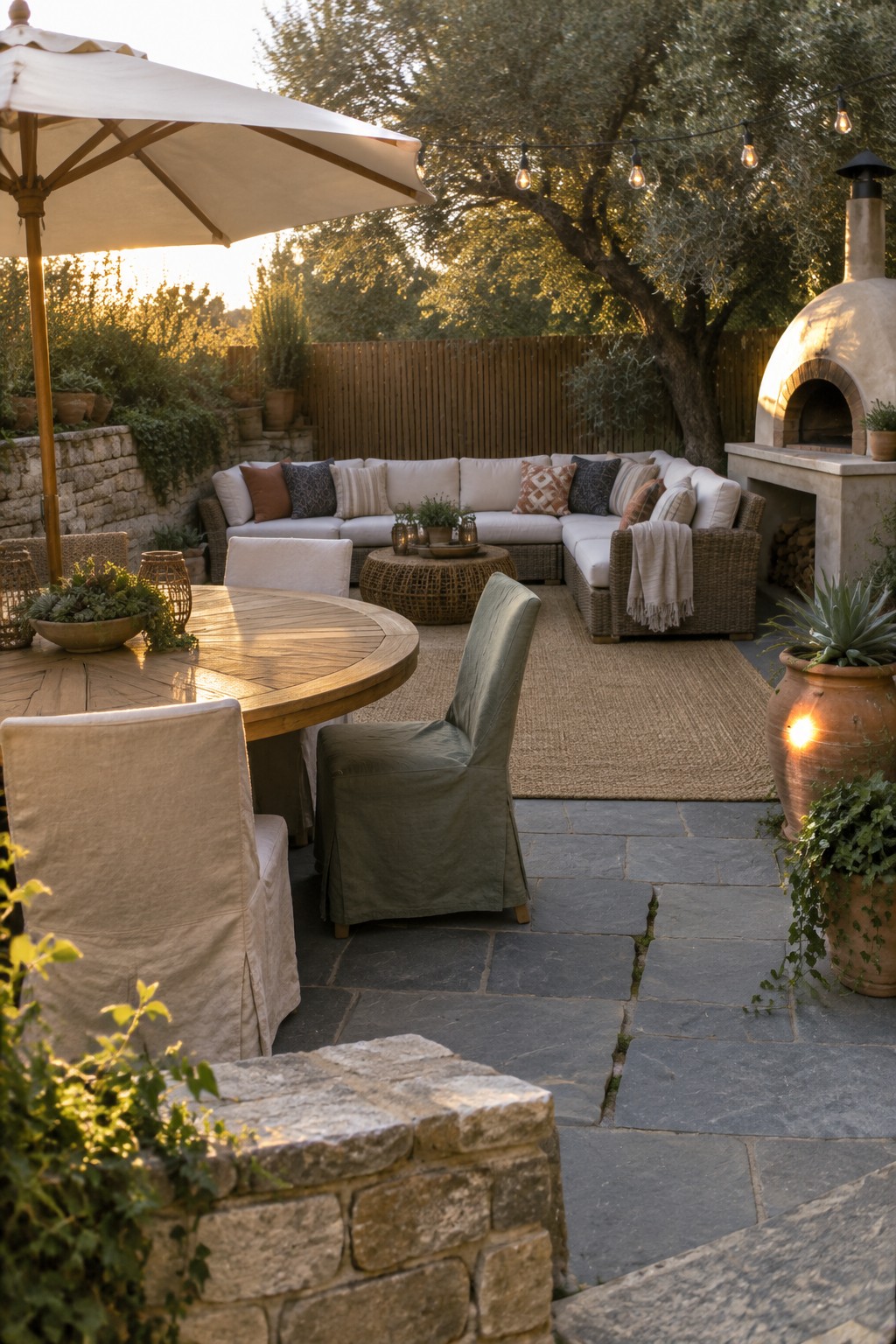 Outdoor patio with round wooden table, sectional sofa, pizza oven, and string lights at sunset