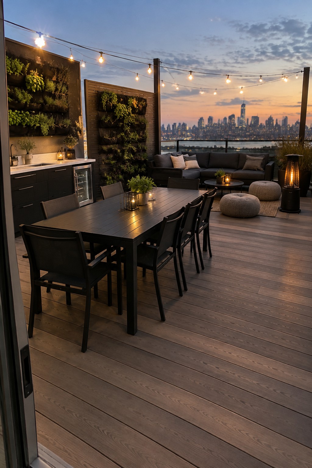 A large wooden deck at dusk with a long dark dining table and chairs in the foreground, an outdoor kitchen with vertical plant walls on the left, a lounge area with a sofa and poufs on the right, and a city skyline visible beyond the railing.