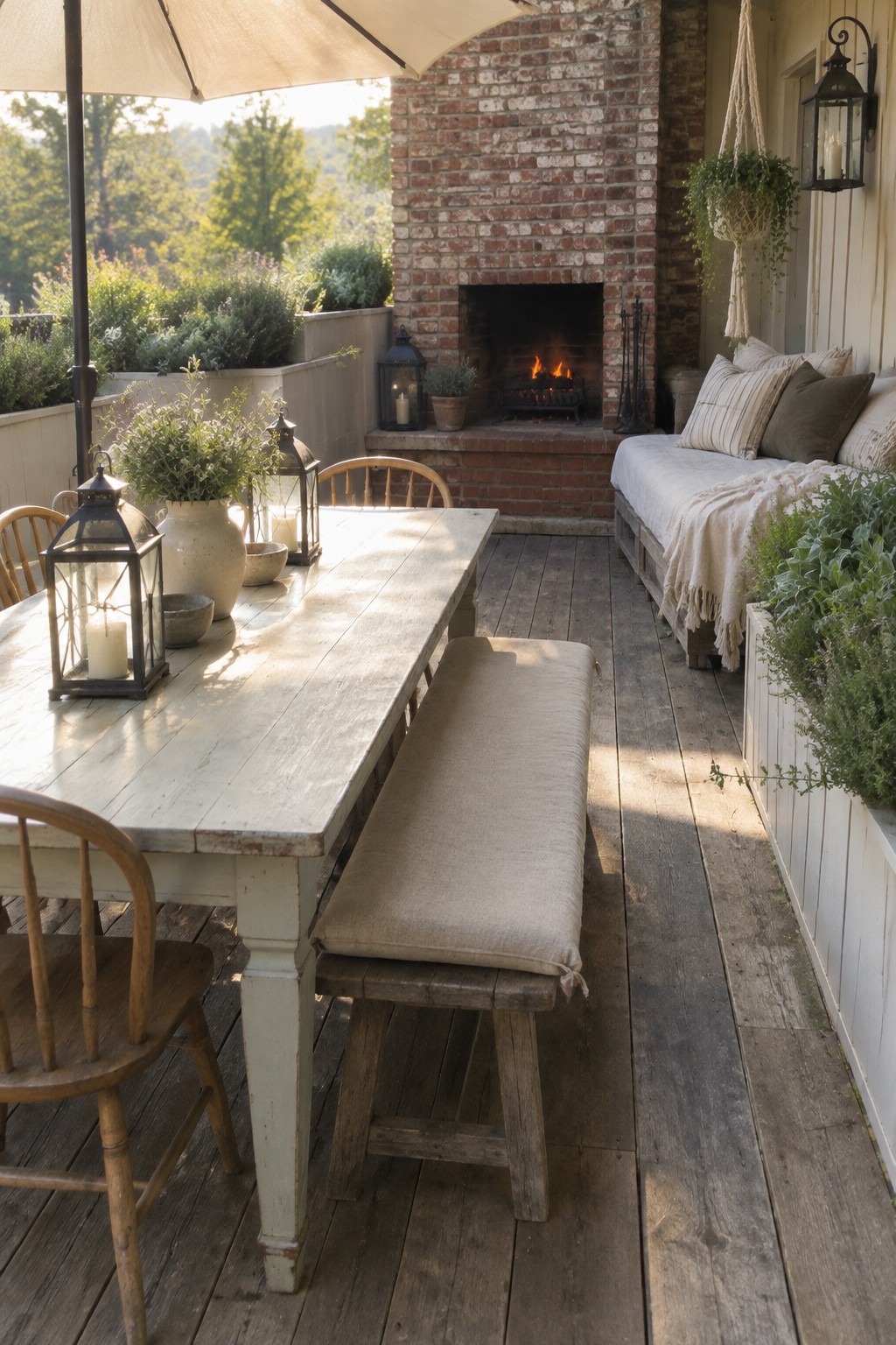 A wooden dining table with bench and chairs on a rustic patio next to a cushioned lounge area and brick outdoor fireplace.