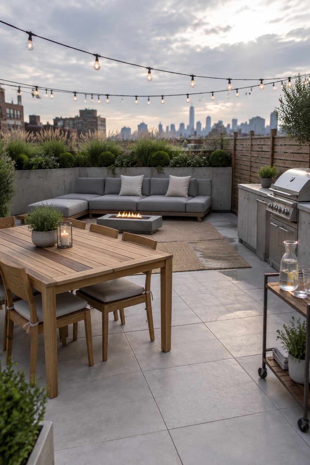 Rooftop patio with wooden dining table, gray sofa, fire pit, and city skyline at dusk