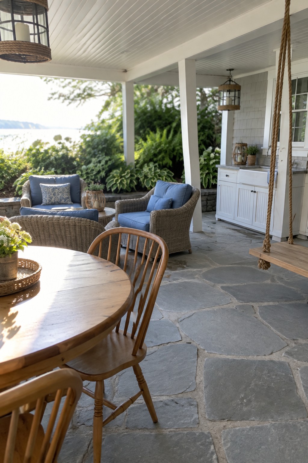 A stone patio featuring a round wooden dining table with spindle-back chairs in the foreground, wicker lounge chairs with blue cushions arranged behind it, a wooden porch swing on the right, and an outdoor kitchen area in the background overlooking water and greenery.