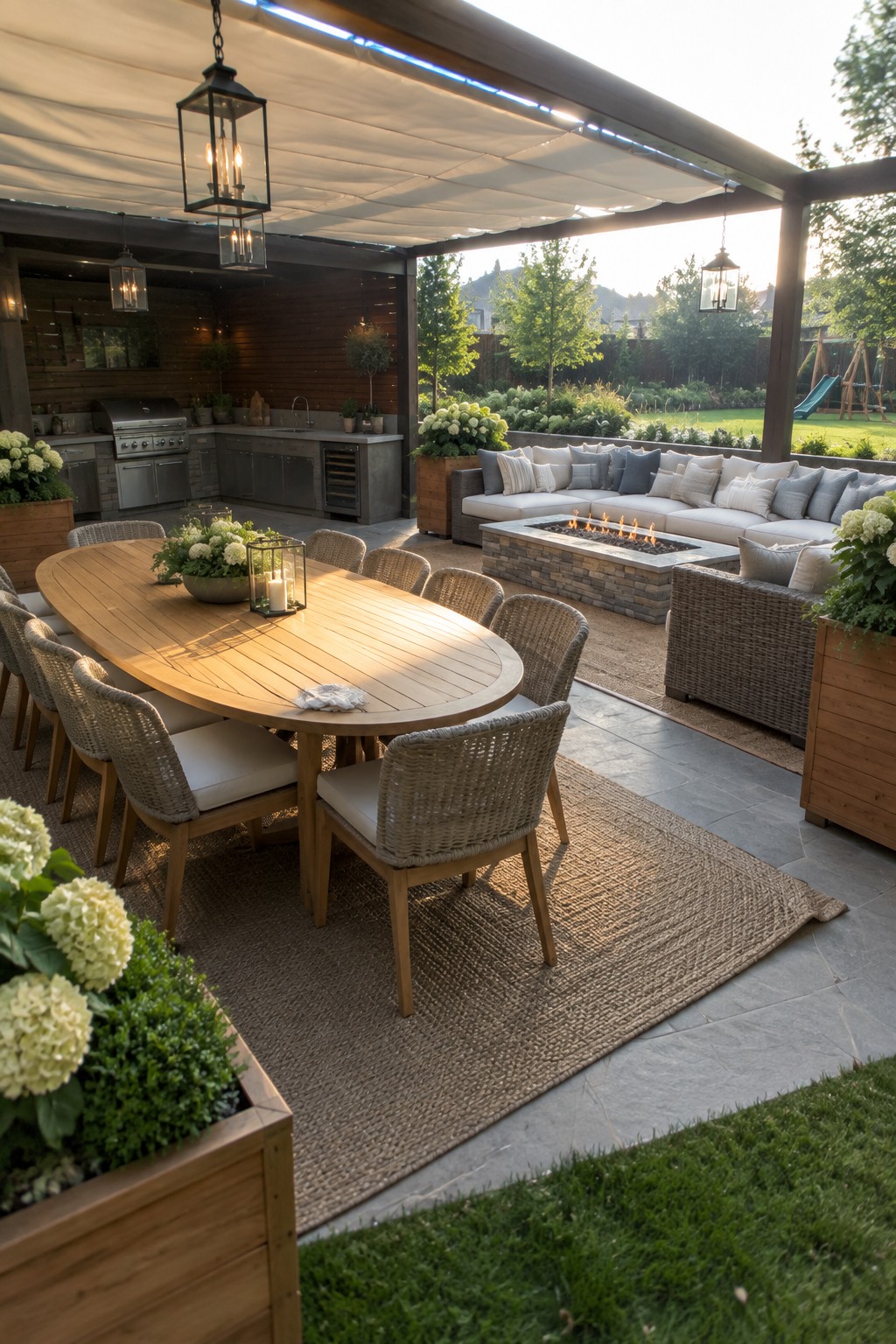 Luxurious outdoor patio with wooden dining table, fire pit lounge, and kitchen under canopy.