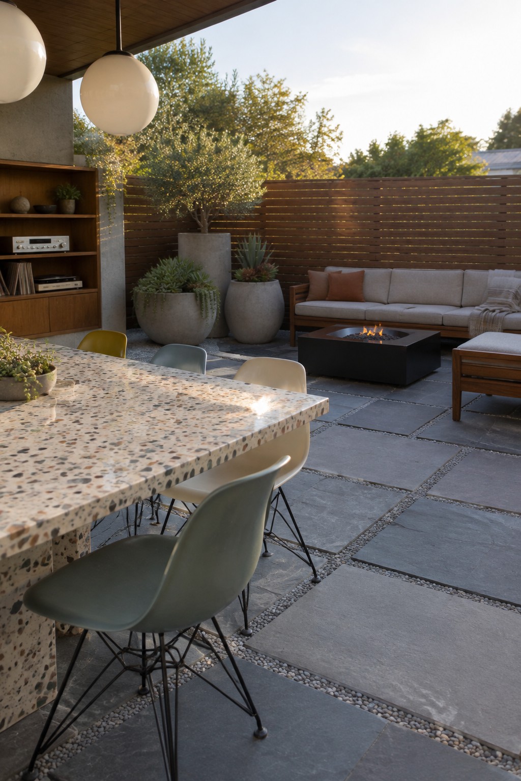 A large outdoor patio with a speckled terrazzo dining table and colorful modern chairs in the foreground, a black fire pit with flames in the middle ground, and a long cushioned sofa with pillows against a wooden slat fence in the background, surrounded by large concrete planters and trees.