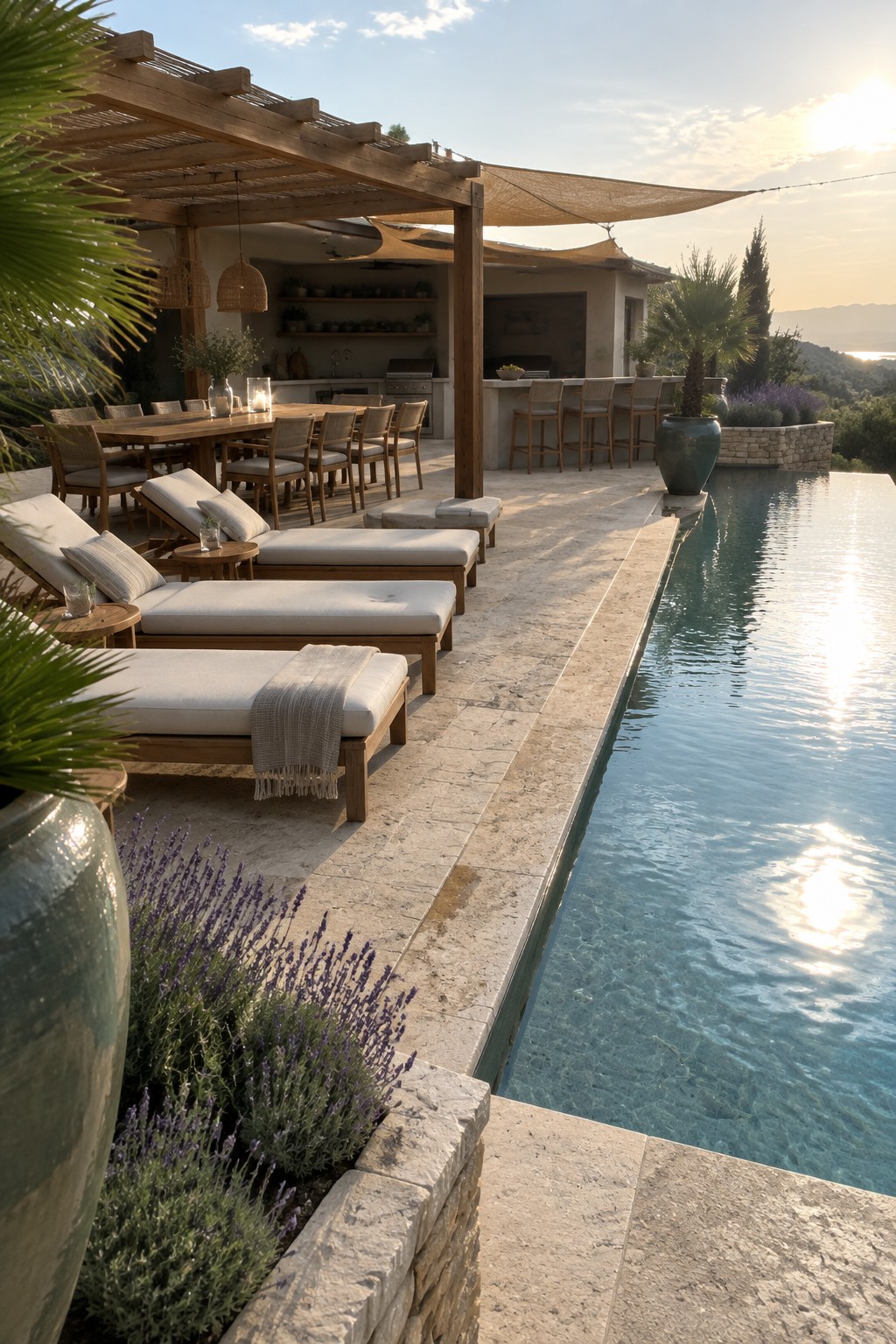 Large stone patio with wooden pergola over dining table, row of lounge chairs beside infinity pool, outdoor kitchen bar, and hillside view at sunset.
