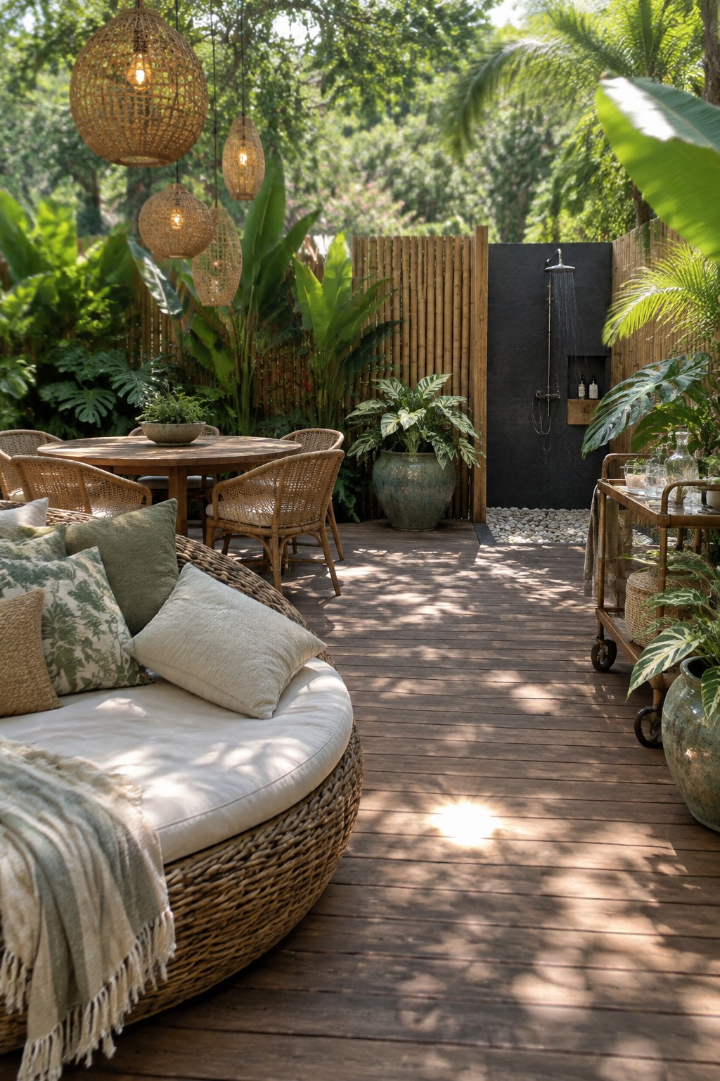 Tropical wooden deck with wicker daybed, rattan dining set, outdoor shower, and hanging lanterns