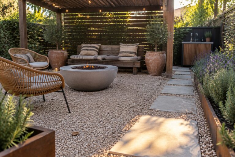 A gravel patio with a round concrete fire pit, wicker chairs, a wooden pergola, and rusted metal edging beside a path of large concrete pavers.