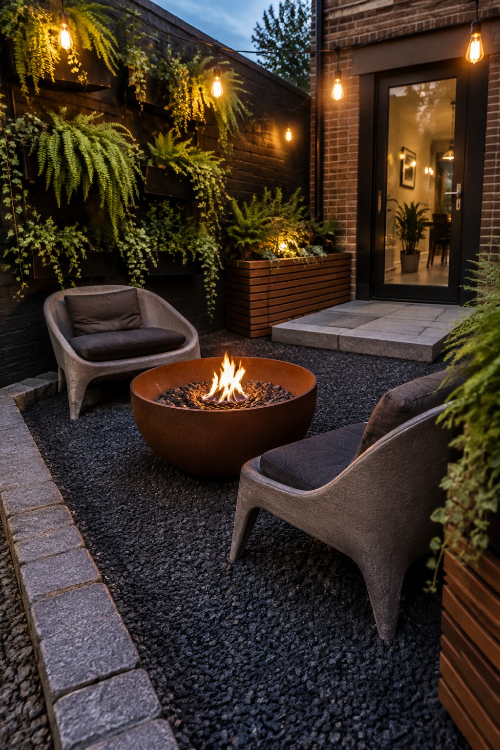 A small gravel courtyard with a round fire pit, two lounge chairs, timber planters, and a stone step by a glass door.
