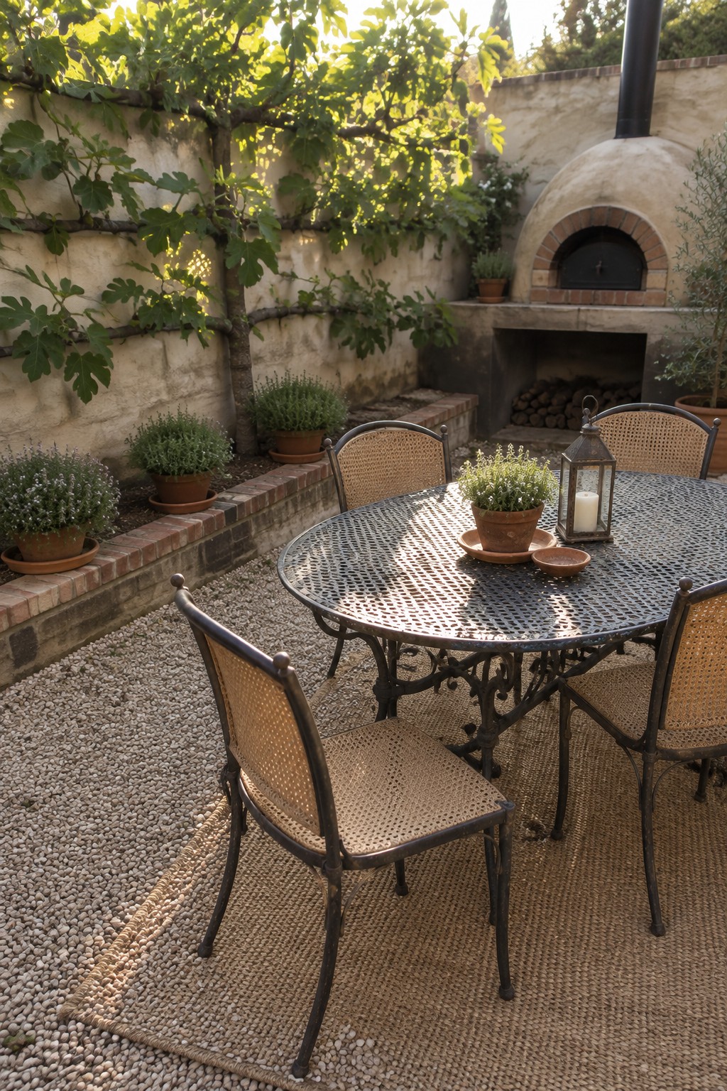 A round metal dining table and woven chairs sit on a gravel patio beside a low brick-edged garden bed.
