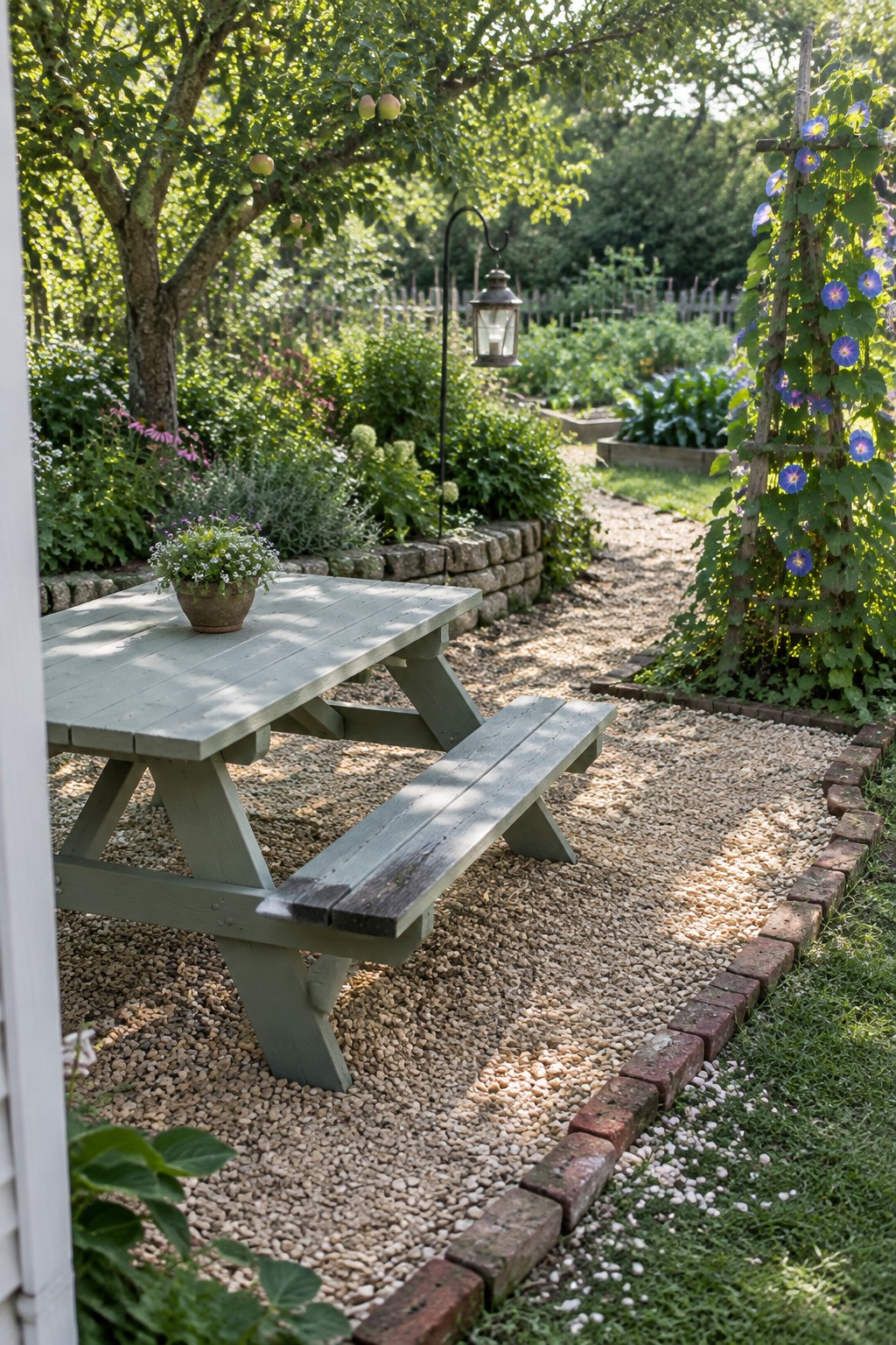 A pale green picnic table sits on a gravel patio bordered by red bricks in a garden.