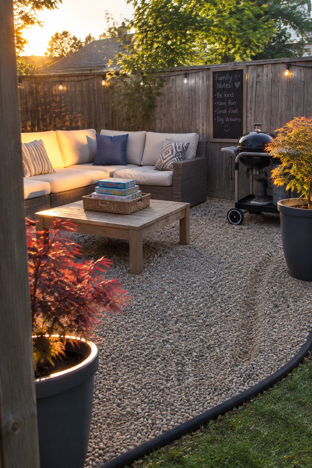 A gravel patio with curved black edging, an outdoor sectional, a wooden coffee table, and potted Japanese maples.