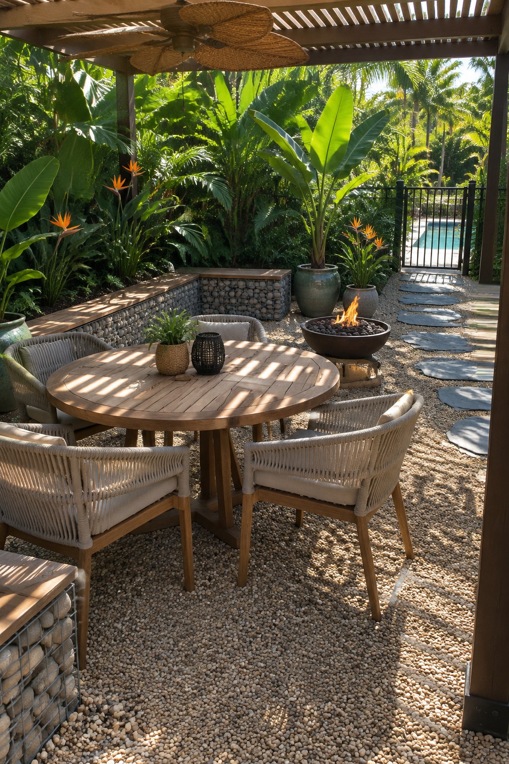 A gravel patio with a wooden dining table and woven chairs, bordered by low stone-filled gabion benches.