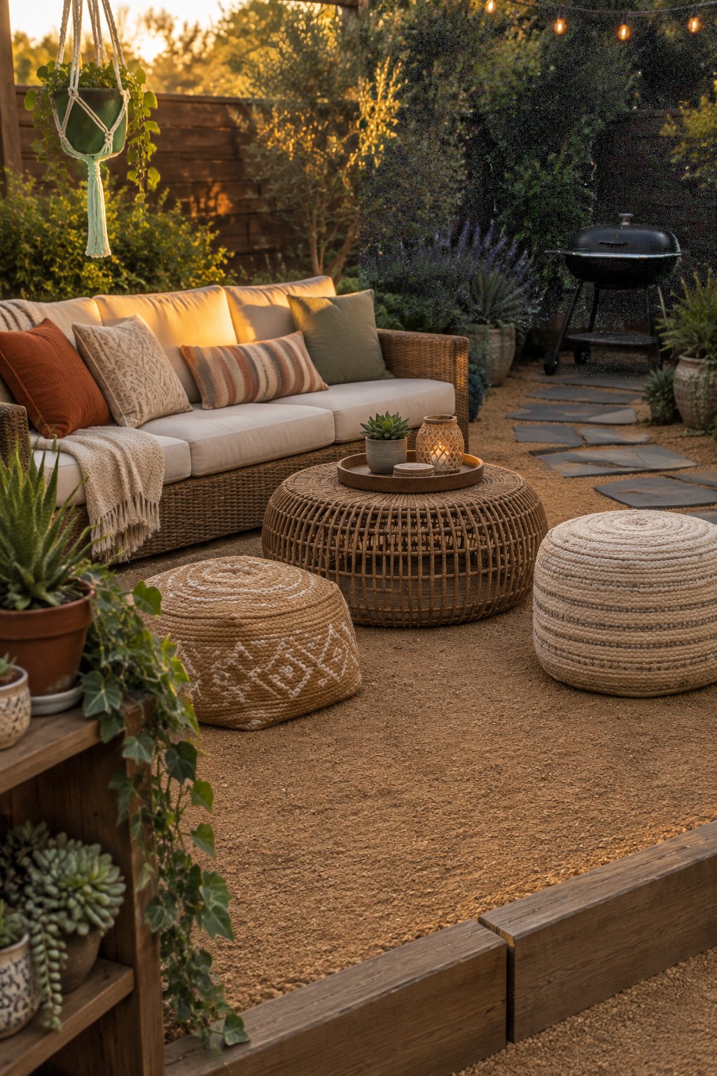A gravel patio edged with wood has a wicker sofa, woven stools, a round coffee table, and potted plants.