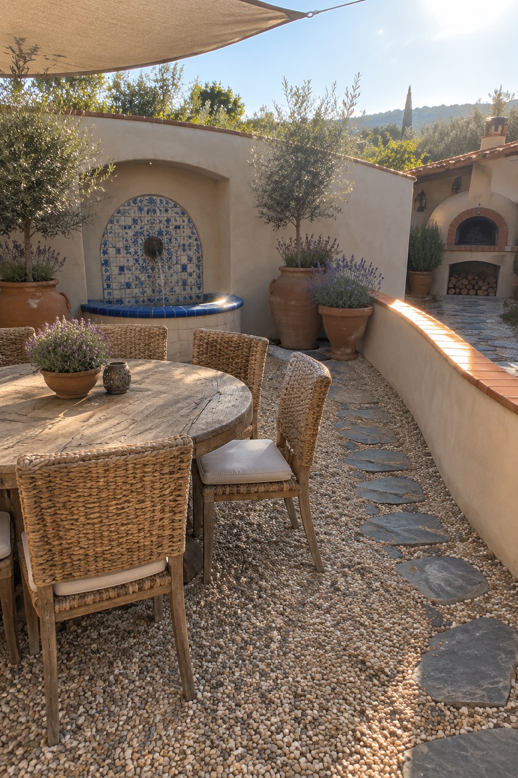 A round wooden table and woven chairs sit on a gravel patio with stepping stones, potted plants, and a tiled wall fountain.