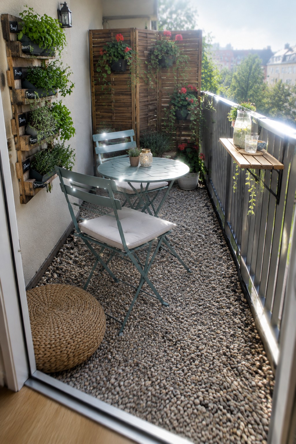 A narrow balcony with a gravel floor, a round table and folding chairs, wall-mounted planters, and a wooden privacy screen.