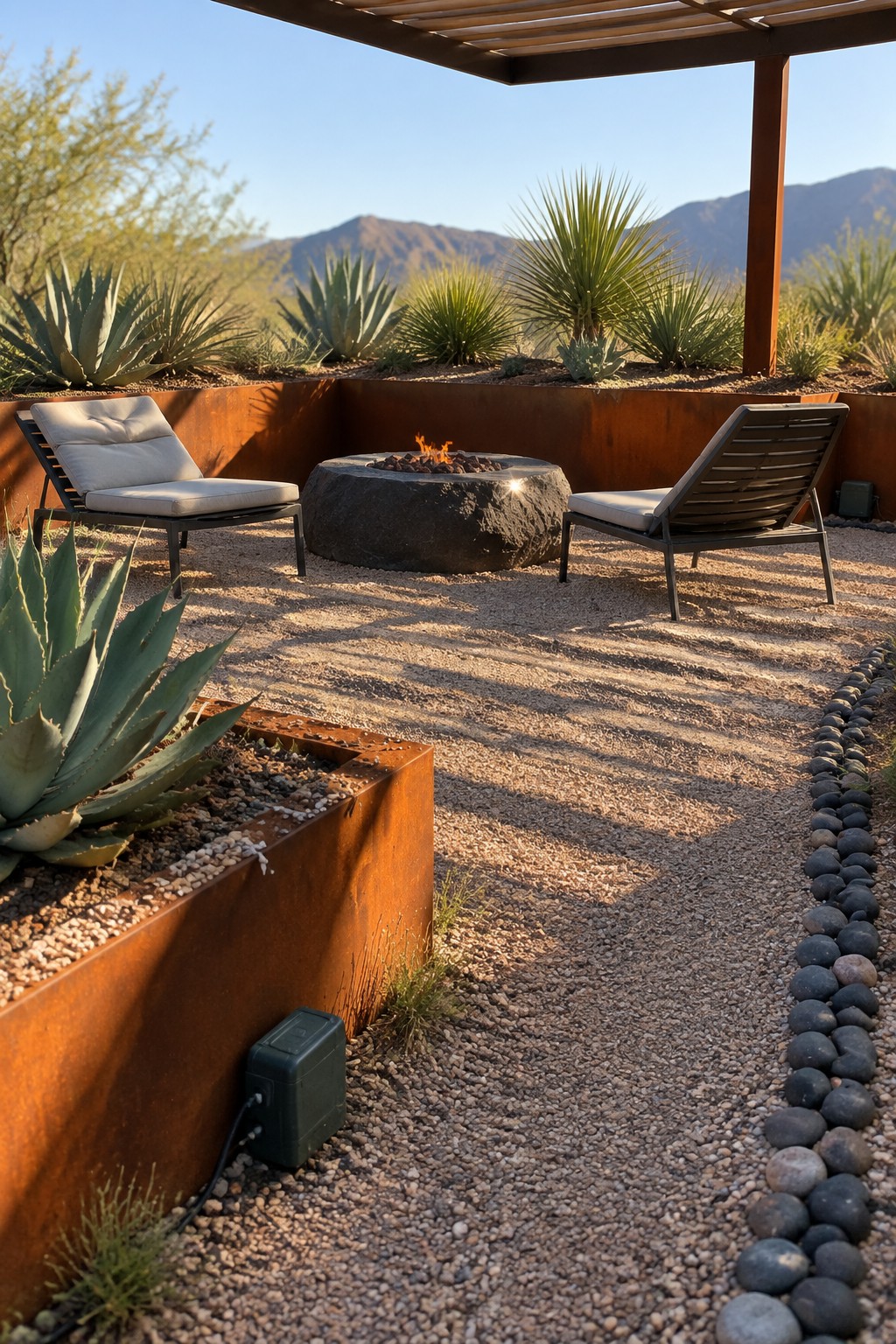 Two lounge chairs face a round fire pit on a gravel patio bordered by rust-colored metal planters and desert plants.