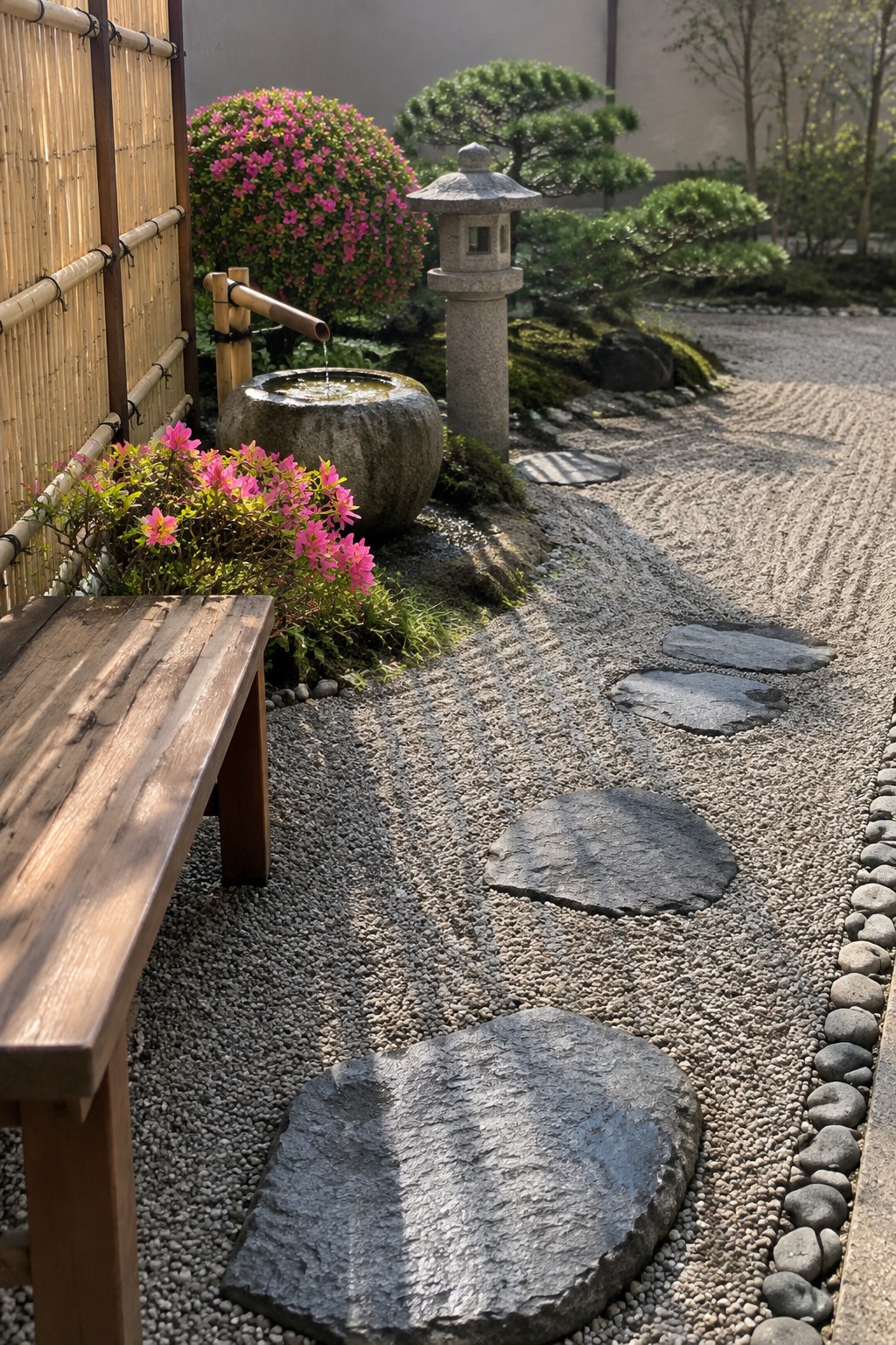 A gravel garden path with flat stepping stones and rounded river rocks along the edge, beside a bamboo fence and a stone water feature.