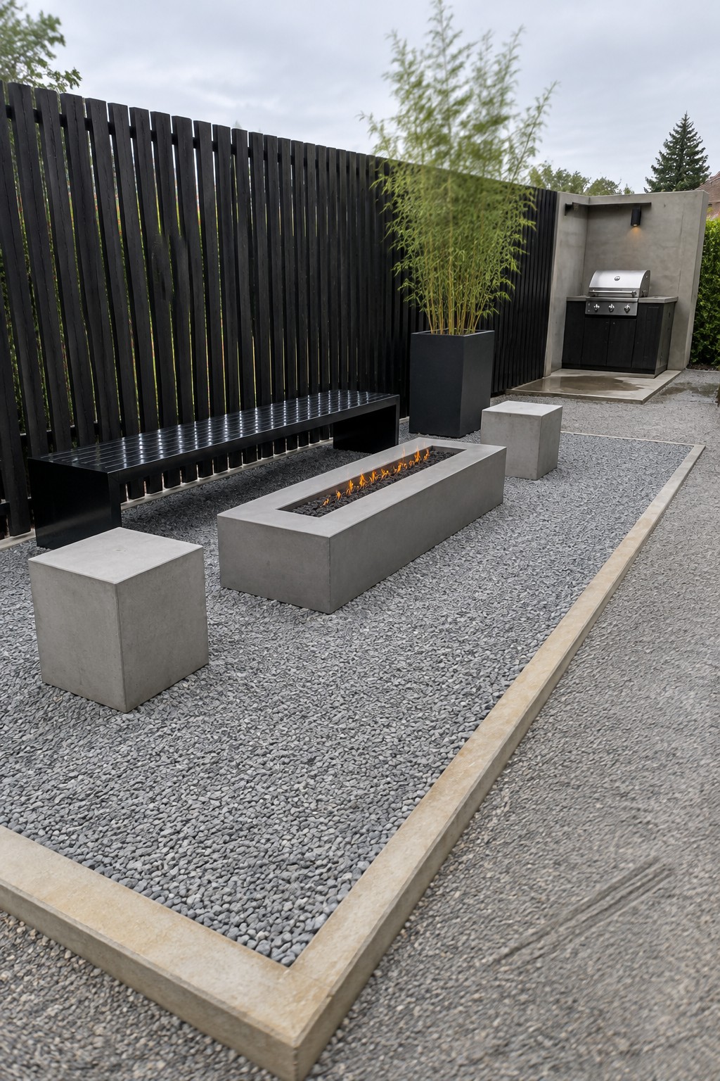 A gravel patio with stone edging, a rectangular concrete fire pit, concrete stools, a black bench, and a built-in grill area.