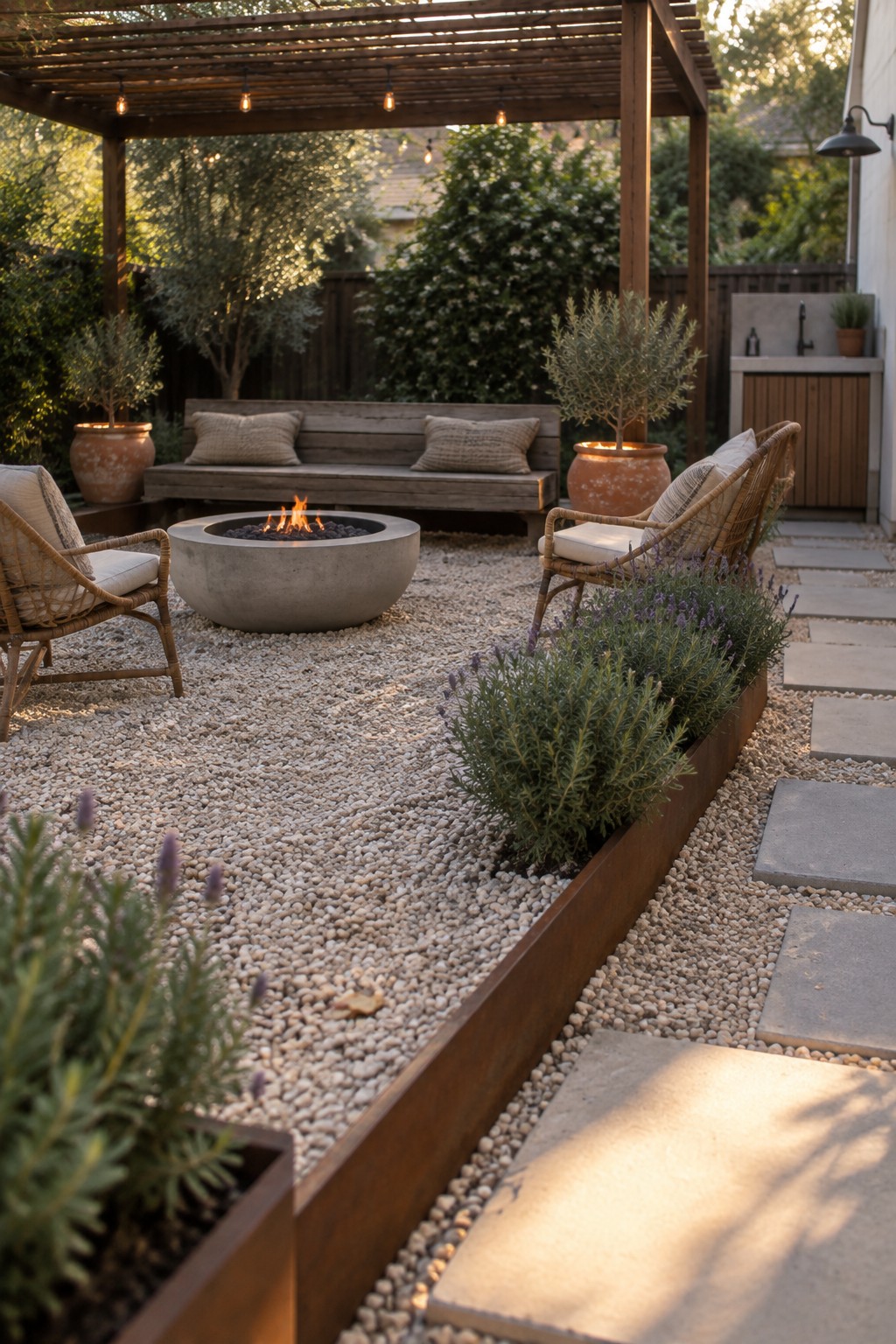 A gravel patio with a round concrete fire pit, wicker chairs, a wooden pergola, and rusted metal edging beside a path of large concrete pavers.