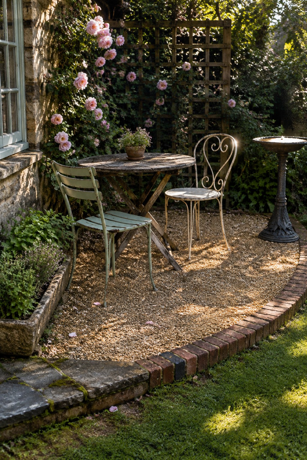 A gravel patio edged with curved red bricks holds a round wooden table and two chairs in a garden.