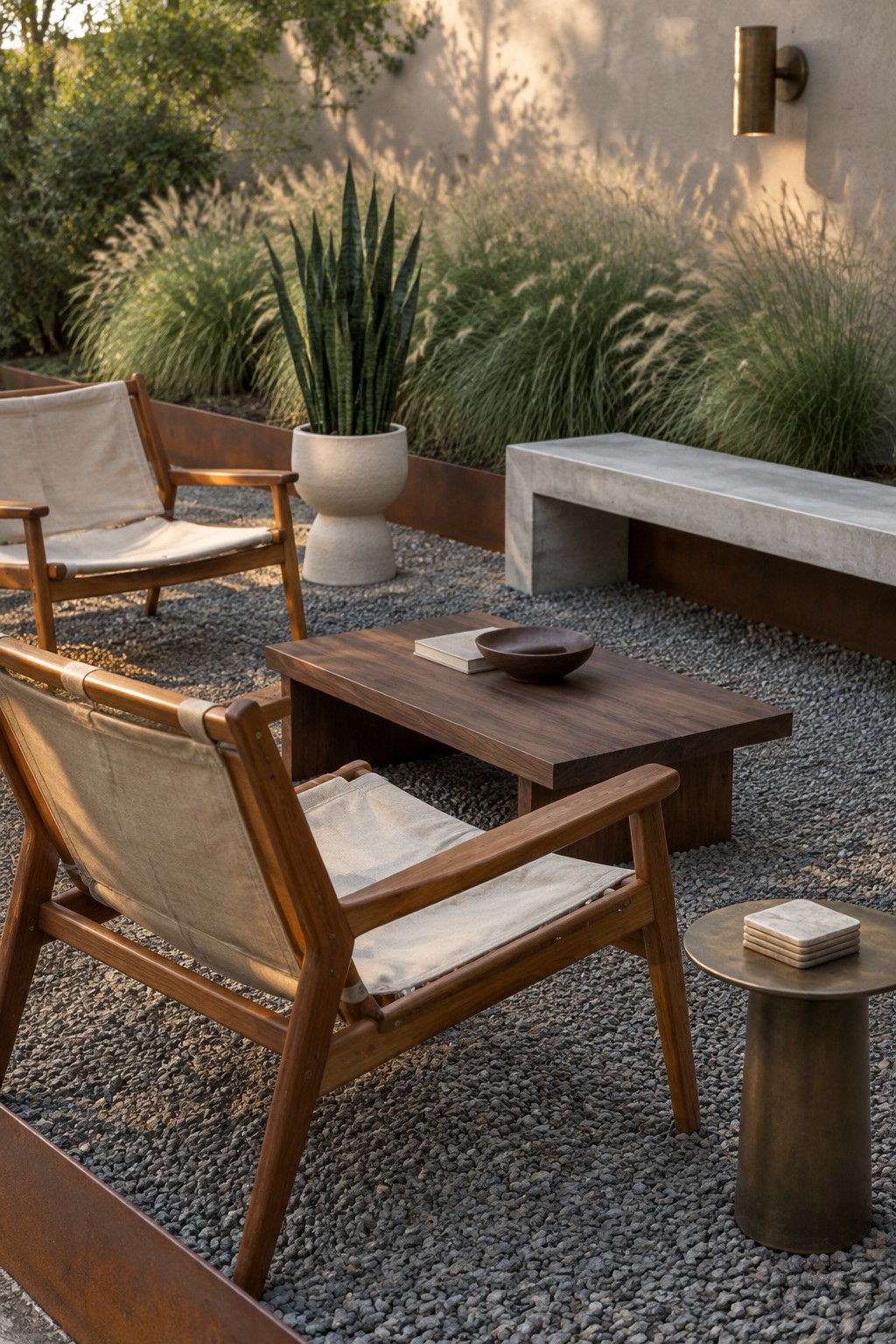 A gravel patio with rust-colored metal edging, wooden lounge chairs, a low table, and ornamental grasses along a stucco wall.