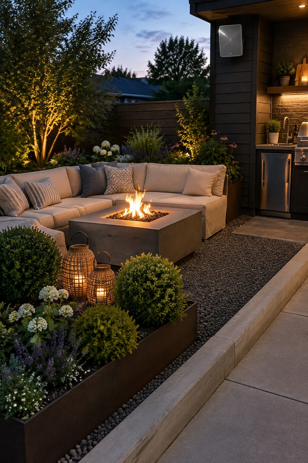 A gravel patio with a raised metal planter, a sectional sofa, and a square fire pit.