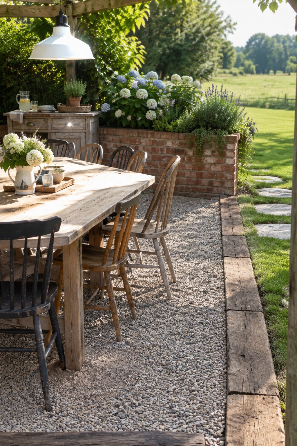 A wooden outdoor dining table and chairs sit on a gravel patio edged with timber boards and a low brick planter.